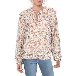 INC Flower Printed Smocked Tie Neck Blouse